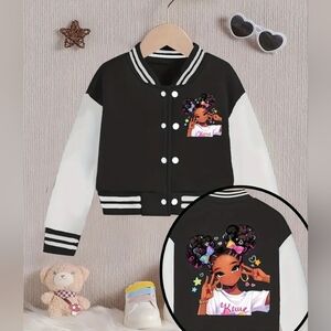 Girls Black and White Baseball Jacket with Graphic Design. Sz. 130/8.